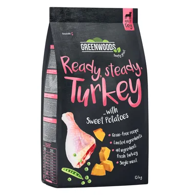 Greenwoods Adult Dog Trockenfutter, Sorte Ready Steady Turkey mit Süsskartoffeln. Getreidefrei, begrenzte Zutaten, frisches Truthahnfleisch als Hauptzutat, Single Meat. Packungsgrösse: 15 kg.