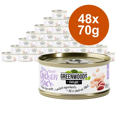 Greenwoods Delight vådfoder til katte, variant Chicken & Duck, kornfri, 48 dåser à 70g, 70% kyllingefilet, begrænsede ingredienser.