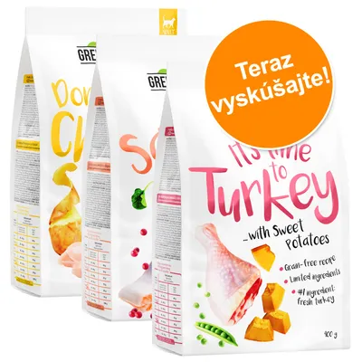 Balenia krmiva Greenwoods s viditeľným textom: It’s time to Turkey with Sweet Potatoes, Grain-free recipe, Limited ingredients, #1 ingredient: fresh turkey. Oranžový kruh: Teraz vyskúšajte!
