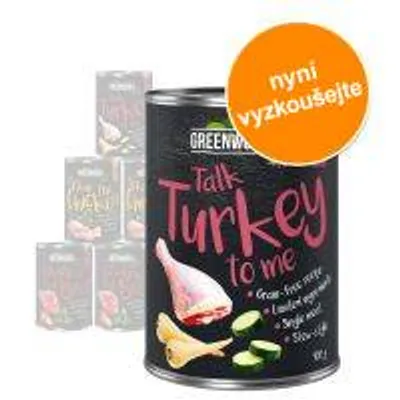 Konzerva GREENWOODS Talk Turkey to me, viditelný text: Grain-free recipe, Limited ingredient, Single meat, Slow-cook. Oranžový kruh s textem: nyní vyzkoušejte. Konzerva GREENWOODS Talk Turkey to me, viditelný text: Grain-free recipe, Limited ingredient, Single meat, Slow-cook. Oranžový kruh s textem: nyní vyzkoušejte.