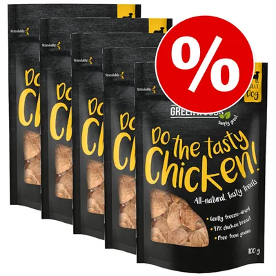 Lot de sachets Greenwoods Do the tasty Chicken! friandises pour chien, 97 % filet de poulet, 100 g, texte promotionnel avec symbole pourcentage rouge.