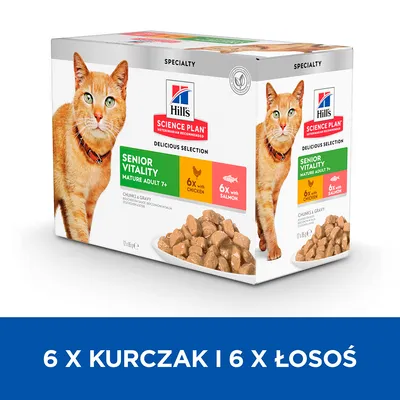 Hill's Science Plan Senior Vitality Mature Adult 7+, zestaw 12 saszetek: 6 x kurczak, 6 x łosoś. Opakowanie z wizerunkiem kota i kawałkami karmy w sosie.