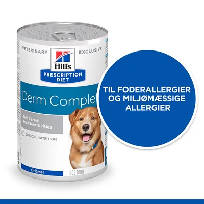 Hill's Prescription Diet Derm Complete hundefoder dåse. Tekst: Skin Care & Food Sensitivities, Clinical Nutrition, Original. Blå cirkel med teksten: Til foderallergier og miljømæssige allergier.