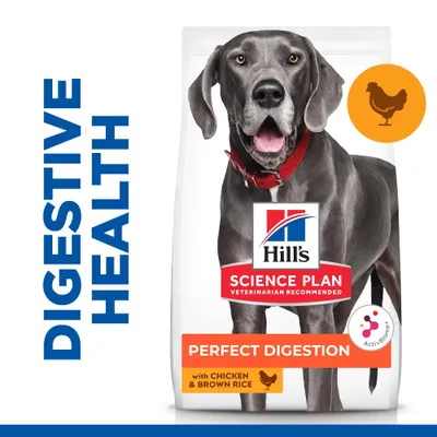 Hill's Science Plan hundefoder, tekst: PERFECT DIGESTION, with CHICKEN & BROWN RICE, VETERINARIAN RECOMMENDED, Digestive Health, billede af hund og kyllingesymbol. Hill's Science Plan hundefoder, tekst: PERFECT DIGESTION, with CHICKEN & BROWN RICE, VETERINARIAN RECOMMENDED, Digestive Health, billede af hund og kyllingesymbol.