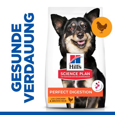 Hill's Science Plan Perfect Digestion, with Chicken & Brown Rice. Текст на немецком: GESUNDE VERDAUUNG. На упаковке изображена собака.