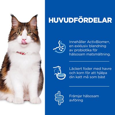 HUVUDFÖRDELAR: Innehåller ActivBiome+, en exklusiv blandning av probiotika för hälsosam matsmältning. Läckert foder med havre och korn. Främjar hälsosam avföring.