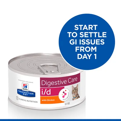 Hill's Prescription Diet Digestive Care i/d with Chicken kattemad dåse. Tekst: START TO SETTLE GI ISSUES FROM DAY 1. ActiBiome og billede af kat synligt på emballagen.