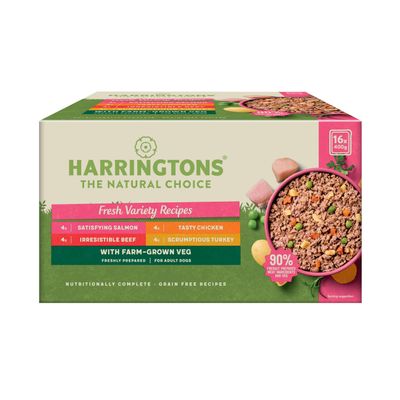 Harringtons Fresh Variety Recipes pack with 16 x 400g portions: 4 salmon, 4 beef, 4 chicken, 4 turkey. Contains farm-grown veg, grain free, 90% meat ingredients and veg.