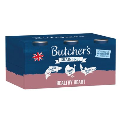 Butcher's Grain Free Healthy Heart, developed by nutritionists, recommended by veterinarians, varieties: salmon & vegetables, turkey & vegetables, trout & vegetables.