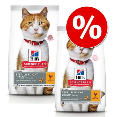 Hill's Science Plan Sterilised Cat Young Adult 6 Months–6 Years with Chicken macskaeledel csomag, akciós százalék jellel a képen.