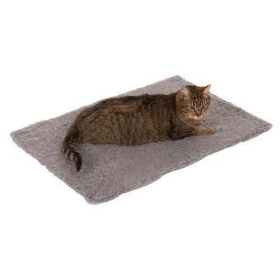 Grey, soft pet mat with a cat lying on it. Suitable as a resting surface for pets.