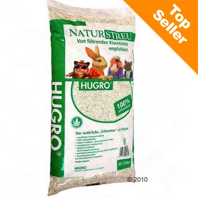 HUGRO Naturstreu 30 litraa, 100 % pflanzlich. Pakkauksessa kaneja ja jyrsijöitä. Oranssi kulma: Top Seller. Teksti saksaksi.