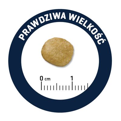 Krokiet karmy w prawdziwym rozmiarze, pokazany na tle miarki centymetrowej od 0 do 1 cm. Widoczny napis: Prawdziwa wielkość.