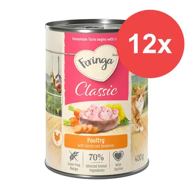 Feringa Classic Poultry with Carrots and Dandelion, receta sin cereales, 70 % ingredientes animales seleccionados, con taurina, pack de 12 latas de 400 g.