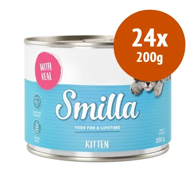 Smilla Kitten con vitello, contiene taurina, senza cereali, 24x200g. Testo visibile: 'Food for a lifetime', 'Made in Germany', 'Contains taurine', 'Grain-free', 'With veal'.