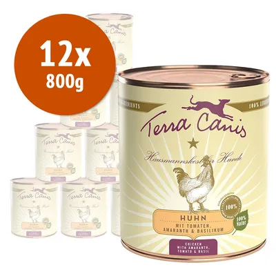 Set 12x800g Terra Canis Huhn con pollo, pomodori, amaranto e basilico. Testo visibile: '100% Natur', 'Hausmannskost für Hunde', 'Chicken with amaranth, tomato & basil'.
