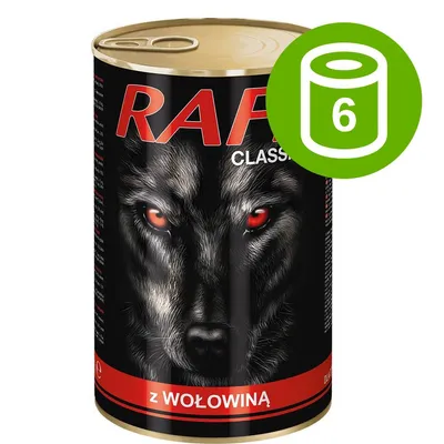 Rafi Classic burk med vargmotiv, texten 'z wołowiną' på etiketten. Grön ikon med siffra 6 visar att det är ett 6-pack. Rafi Classic burk med vargmotiv, texten 'z wołowiną' på etiketten. Grön ikon med siffra 6 visar att det är ett 6-pack.