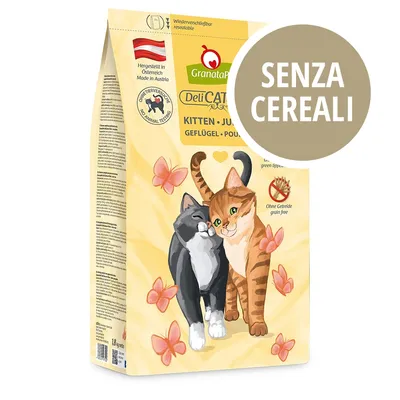 GranataPet DeliCATessen Kitten Junior Geflügel, senza cereali, prodotto in Austria, senza test sugli animali. Testo visibile: SENZA CEREALI. GranataPet DeliCATessen Kitten Junior Geflügel, senza cereali, prodotto in Austria, senza test sugli animali. Testo visibile: SENZA CEREALI.