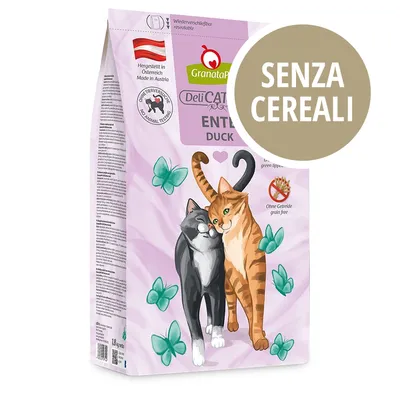 GranataPet DeliCATessen Enten Duck, senza cereali, prodotto in Austria, senza test sugli animali. Immagine di due gatti e farfalle sulla confezione.