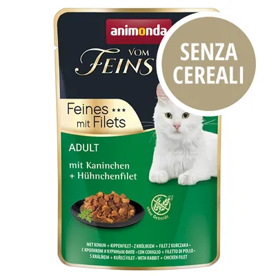 animonda vom Feinsten Feines mit Filets ADULT mit Kaninchen + Hühnerfilet, SENZA CEREALI, immagine di un gatto bianco e ciotola con bocconcini visibili sulla confezione.