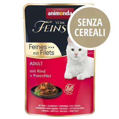 animonda vom Feinsten Feines mit Filets ADULT mit Rind + Putenfilet, senza cereali, immagine di un gatto bianco e piatto con bocconcini di carne.