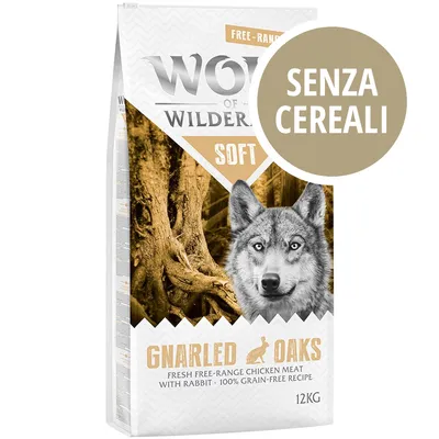 Wolf of Wilderness Soft Gnarled Oaks, carne di pollo allevato all'aperto con coniglio, senza cereali, confezione da 12 kg. Testo visibile: SENZA CEREALI.
