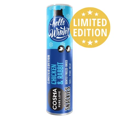 Cosma Pure Love Snackies Limited Edition Chicken & Rabbit, 100% pure meat, gently freeze-dried. Testo: Hello Winter, LIMITED EDITION.
