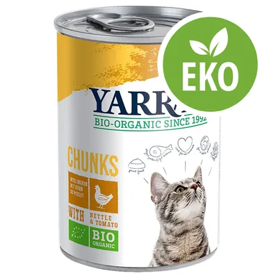 Yarrah BIO-ORGANIC SINCE 1992, CHUNKS with chicken, nässla & tomat. Bild på katt och EKO-märke synligt på burken.