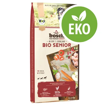bosch BIO SENIOR hundfoder, 19 % protein, 8 % fetthalt, 35 % färsk bio-kyckling, ekologisk märkning, för äldre hundar, vikt 11,5 kg. Stor grön EKO-symbol synlig.
