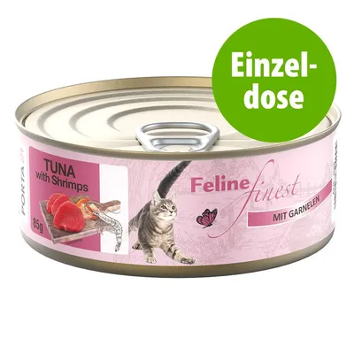 Einzeldose Feline finest mit Garnelen, TUNA with Shrimps, 85g, Abbildung von Thunfisch und Garnelen auf der Dose