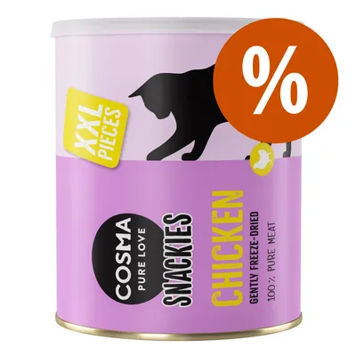 Cosma Snackies Chicken, XXL Pieces, sanft gefriergetrocknet, 100% reines Fleisch. Lila Verpackung mit Katzenmotiv und Prozentzeichen.