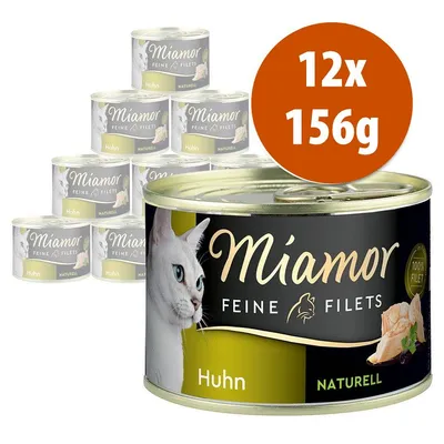 12 lattine da 156 g di Miamor Feine Filets Huhn Naturell, immagine della confezione con gatto bianco e filetto di pollo visibili sull'etichetta.