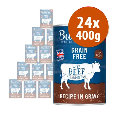 24 lattine da 400 g di Butcher's Grain Free con manzo e verdure, ricetta in salsa. Testo visibile: 'Supporting Farmers', bandiera UK, 'With Gravy'. 24 lattine da 400 g di Butcher's Grain Free con manzo e verdure, ricetta in salsa. Testo visibile: 'Supporting Farmers', bandiera UK, 'With Gravy'.