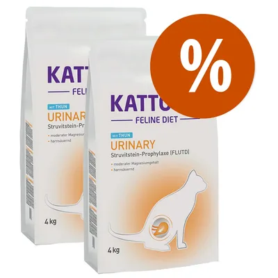 Due confezioni di Kattovit Feline Diet Urinary mit Thun, 4 kg ciascuna. Testo visibile: Struvitstein-Prophylaxe (FLUTD), moderater Magnesiumgehalt, harnsäuernd. Simbolo percentuale arancione.