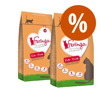 Due confezioni di Feringa Ente + Duck 400 g per gatti, visibile testo promozionale con simbolo percentuale. Testo sulla confezione: "Mit viel Liebe wie hausgemacht".
