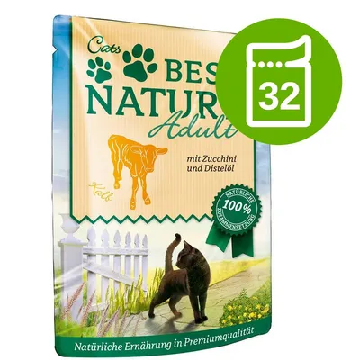 Opakowanie karmy Cats Best Nature Adult mit Zucchini und Distelöl, 100 % natürliche Zusammensetzung, ilustracja kota i cielęcia, zielona ikona z liczbą 32 na saszetce.