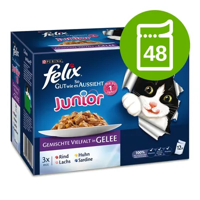 Purina Felix Junior, 48 saszetek, smaki: wołowina, łosoś, kurczak, sardynka. Widoczny napis: do 1 roku, 100% witamin i minerałów. Opakowanie z kotem i talerzem karmy w galarecie. Purina Felix Junior, 48 saszetek, smaki: wołowina, łosoś, kurczak, sardynka. Widoczny napis: do 1 roku, 100% witamin i minerałów. Opakowanie z kotem i talerzem karmy w galarecie.