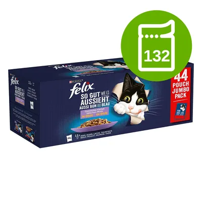 Opakowanie Felix So gut wie es aussieht, 44 saszetki w galarecie. Widoczny kot i napis: 44 Pouch Jumbo Pack. Zielona ikona z liczbą 132.