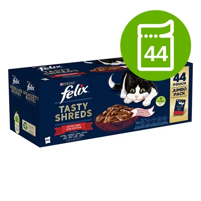 Purina Felix Tasty Shreds Farm Selection, opakowanie 44 saszetki. Na opakowaniu widoczny kot i miska z karmą. Napis: 44 pouch jumbo pack, no colourants. Purina Felix Tasty Shreds Farm Selection, opakowanie 44 saszetki. Na opakowaniu widoczny kot i miska z karmą. Napis: 44 pouch jumbo pack, no colourants.