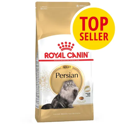 Royal Canin Persian Adult, confezione di crocchette per gatti persiani adulti. Etichetta gialla con scritta rossa: TOP SELLER. Immagine di un gatto persiano sul fronte.