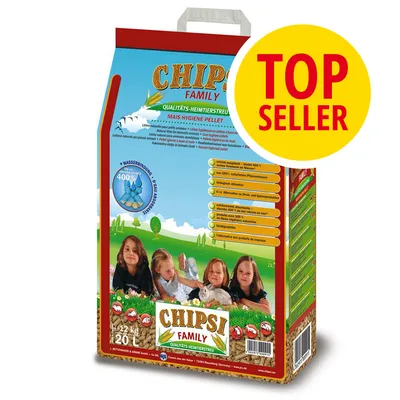 Confezione Chipsi Family Qualitäts-Heimtierstreu Mais-Hygiene-Pellet 12 kg/20 L, scritta TOP SELLER, tabella con caratteristiche e simbolo assorbimento acqua 400%.