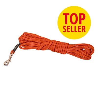 Oranžové vodítko s kovovou karabinou, textilní materiál. Žlutý kruh s červeným nápisem TOP SELLER.