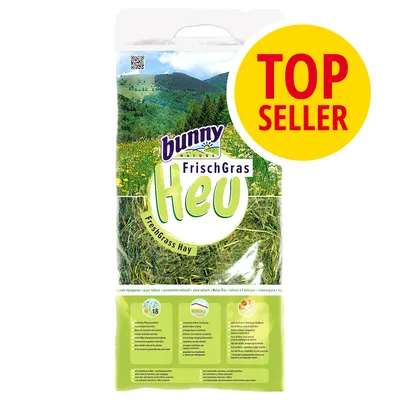 Confezione di fieno Bunny Nature FrischGras Heu, scritta 'TOP SELLER' su cerchio giallo, testo visibile: FreshGrass Hay, pure nature, 18, e descrizioni in varie lingue.
