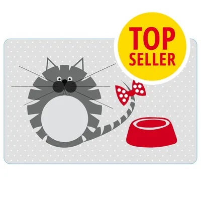 Ilustrace šedé kočky s červenou miskou a nápisem TOP SELLER v žlutém kruhu. Červená mašle s bílými puntíky na ocase kočky.