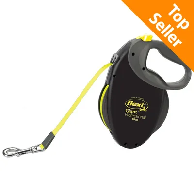 Guinzaglio avvolgibile Flexi Giant Professional 10 m, nero con dettagli gialli, scritta Top Seller in alto a destra.