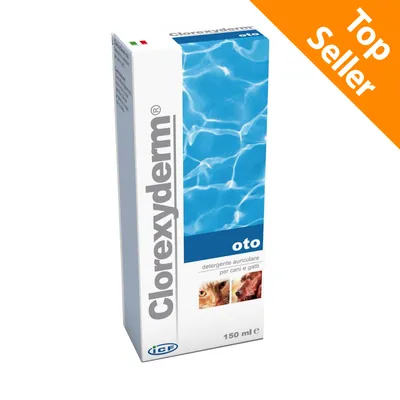 Clorexyderm oto detergente auricolare per cani e gatti, confezione da 150 ml, Top Seller visibile in alto a destra