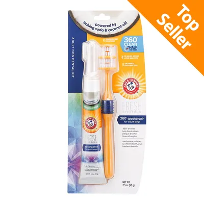 Kit dentale Arm & Hammer per cani adulti: spazzolino 360° e dentifricio coconut mint, testo visibile 'powered by baking soda & coconut oil', 'Top Seller' in alto a destra.