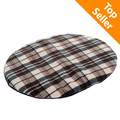 Cuscino ovale in tessuto a quadri marrone, beige e grigio. In alto a destra testo: Top Seller.