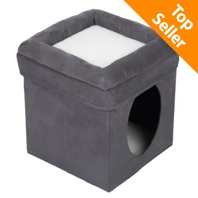 Cubo grigio per animali con ingresso circolare e cuscino bianco sulla parte superiore, etichetta arancione in alto a destra con testo 'Top Seller'.