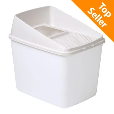 Lettiera per gatti in plastica bianca con ingresso superiore e superficie forata. Testo arancione in alto a destra: Top Seller.